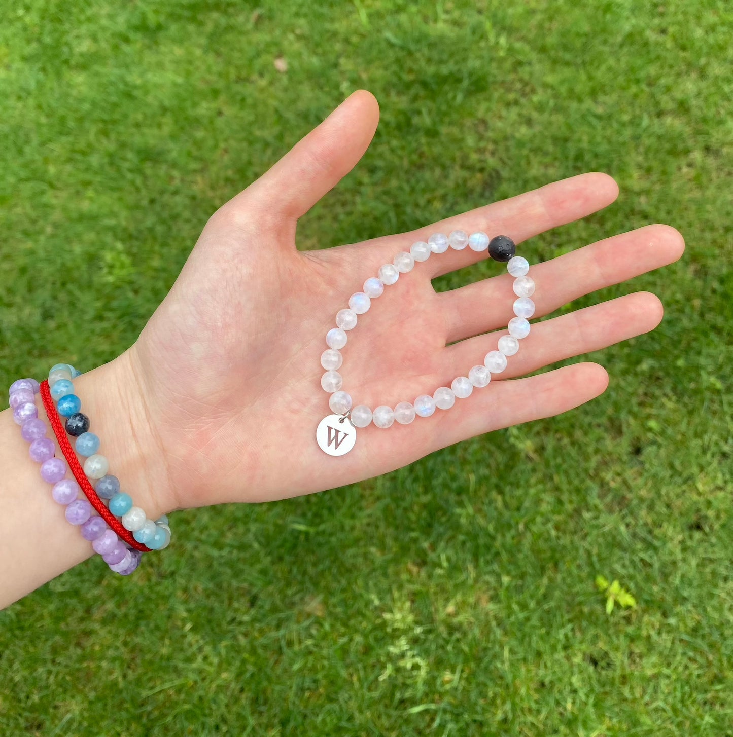 Silver Obsidian Moon stone Initial Bracelet