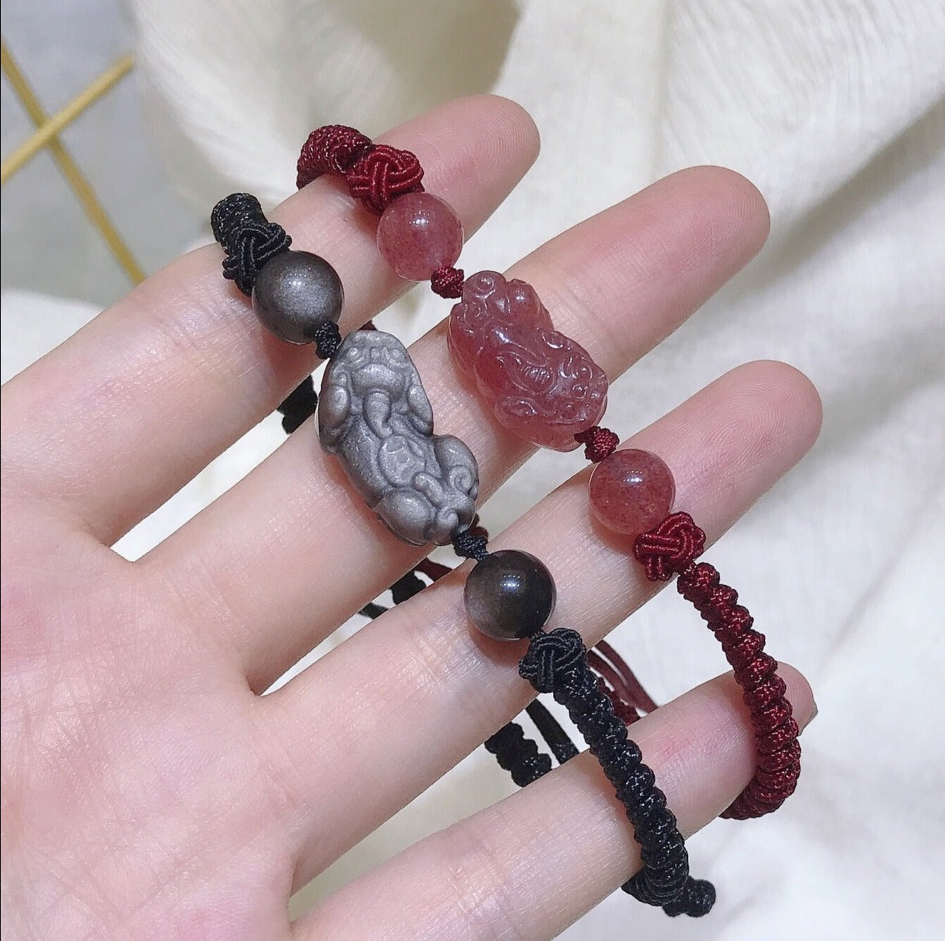 Couple-Strawberry Crystal Silver Sheen Obsidian Pixiu Couple Braided Bracelet