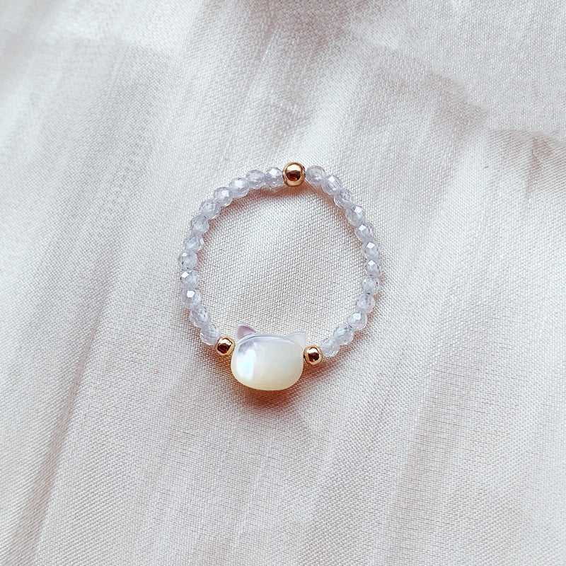 Minimalist Pearl shell of  Cat Natural Crystal Ring